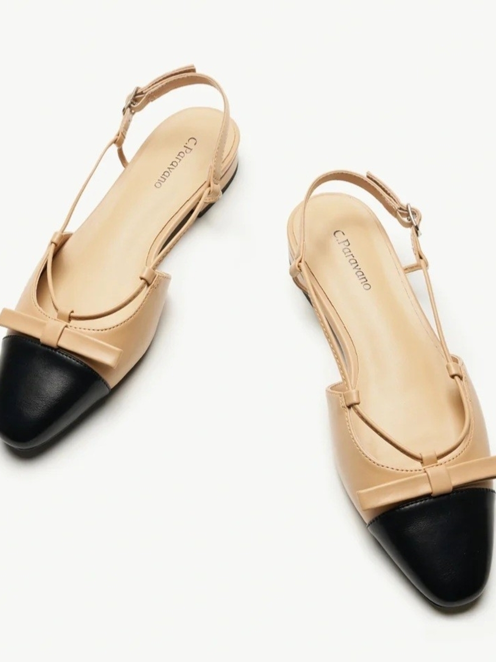 C. Paravano Beige and Black Bow Slingback Flats Size 6.5 US